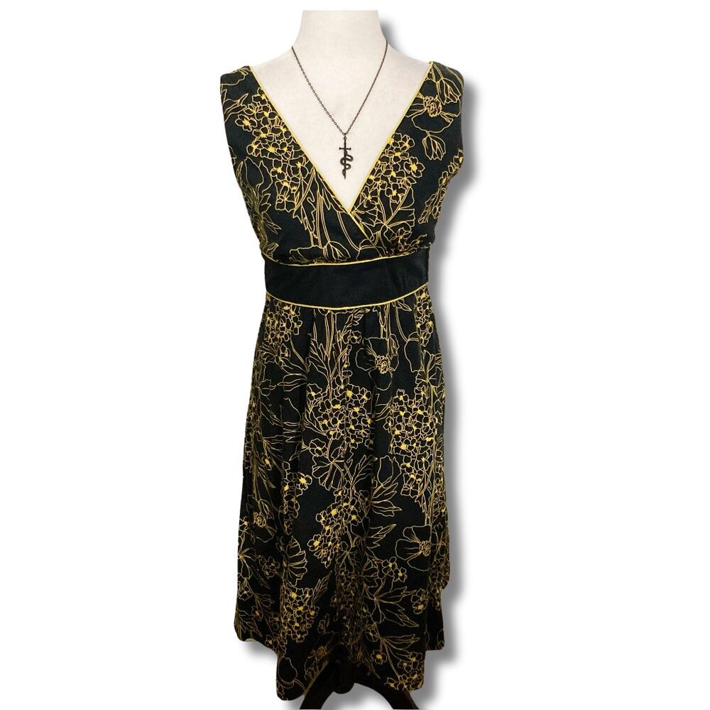 DIGIT@L Vintage black yellow floral print v-neck sleeveless a-line dress ~ SMALL